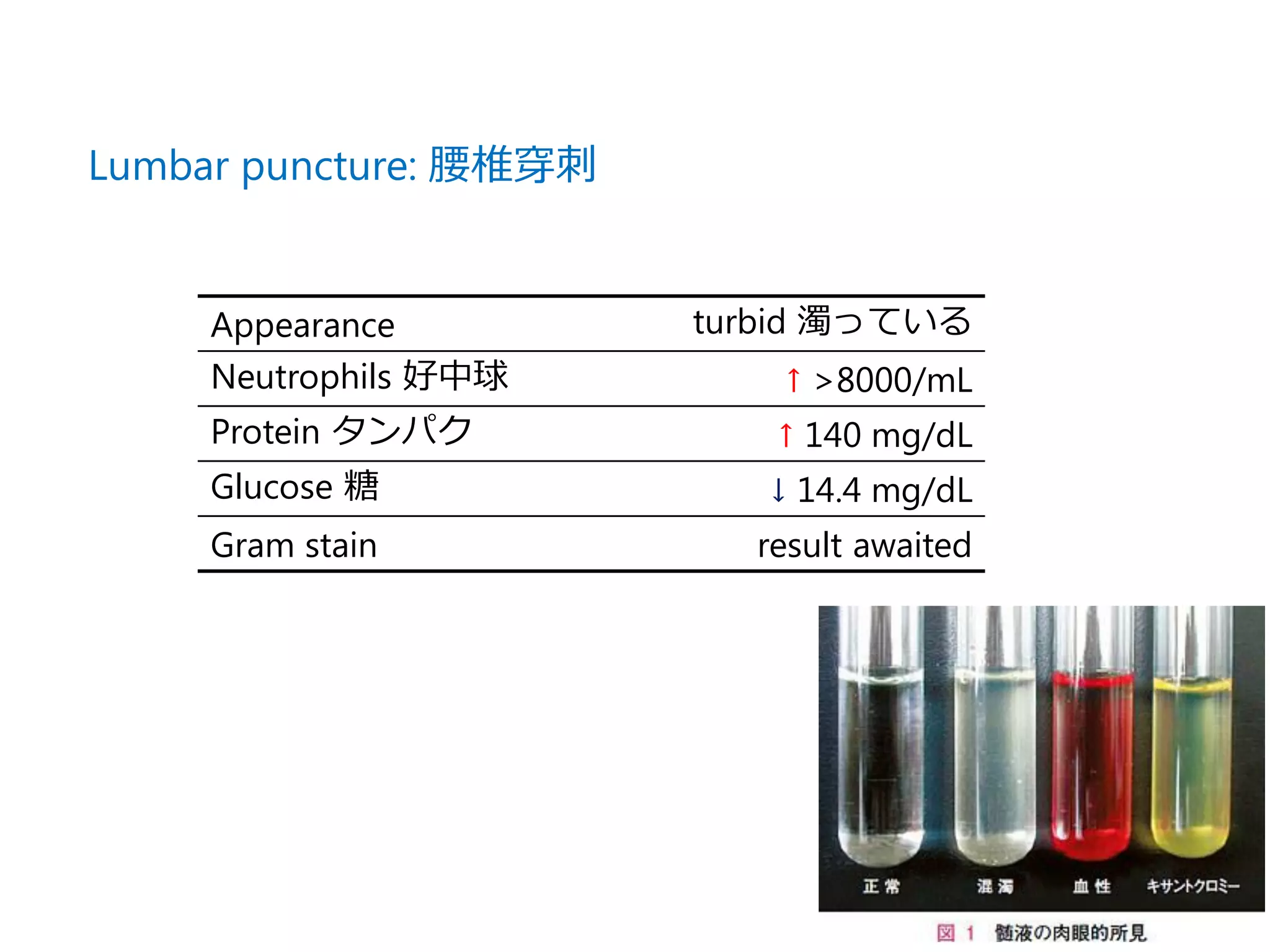 Lumbar puncture: 腰椎穿刺
Appearance turbid 濁っている
Neutrophils 好中球 ↑ >8000/mL
Protein タンパク ↑ 140 mg/dL
Glucose 糖 ↓ 14.4 mg/dL
Gram stain result awaited
 