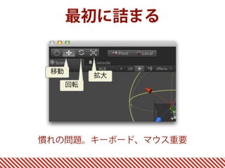 最初に詰まる
慣れの問題。キーボード、マウス重要
移動
回転
拡大
 