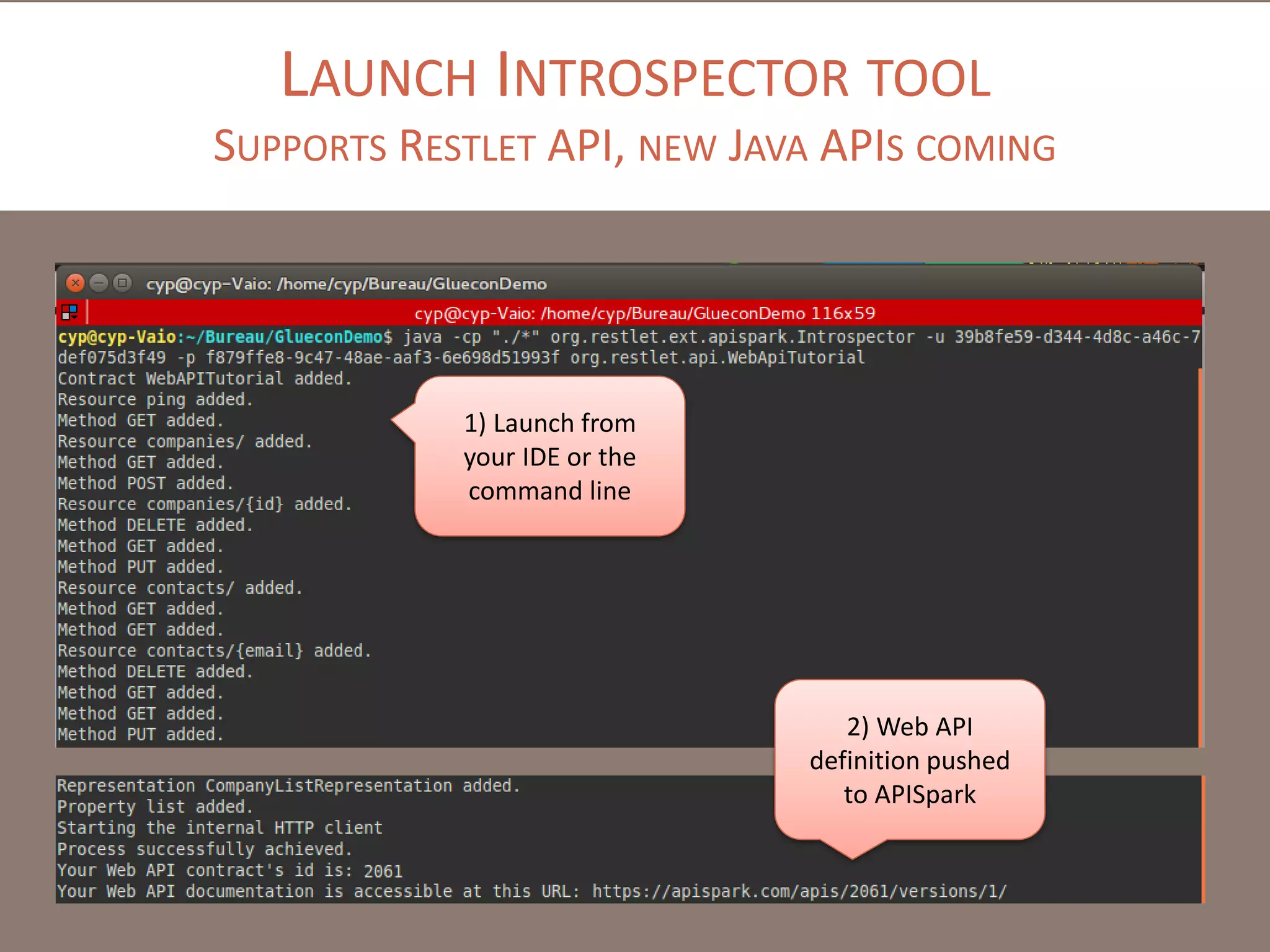LAUNCH INTROSPECTOR TOOL
SUPPORTS RESTLET API, NEW JAVA APIS COMING
1) Launch from
your IDE or the
command line
2) Web API
definition pushed
to APISpark
 