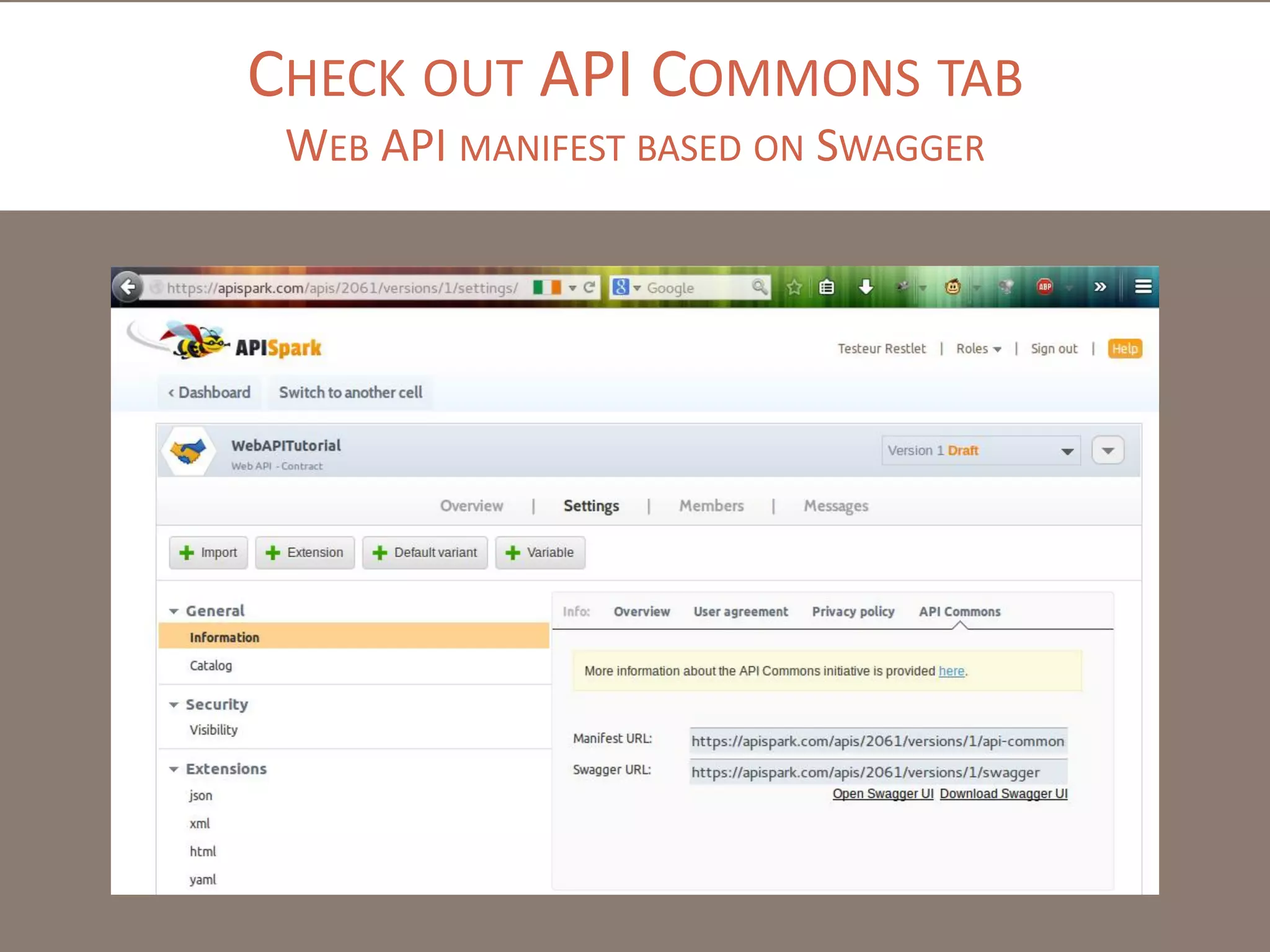 CHECK OUT API COMMONS TAB
WEB API MANIFEST BASED ON SWAGGER
 