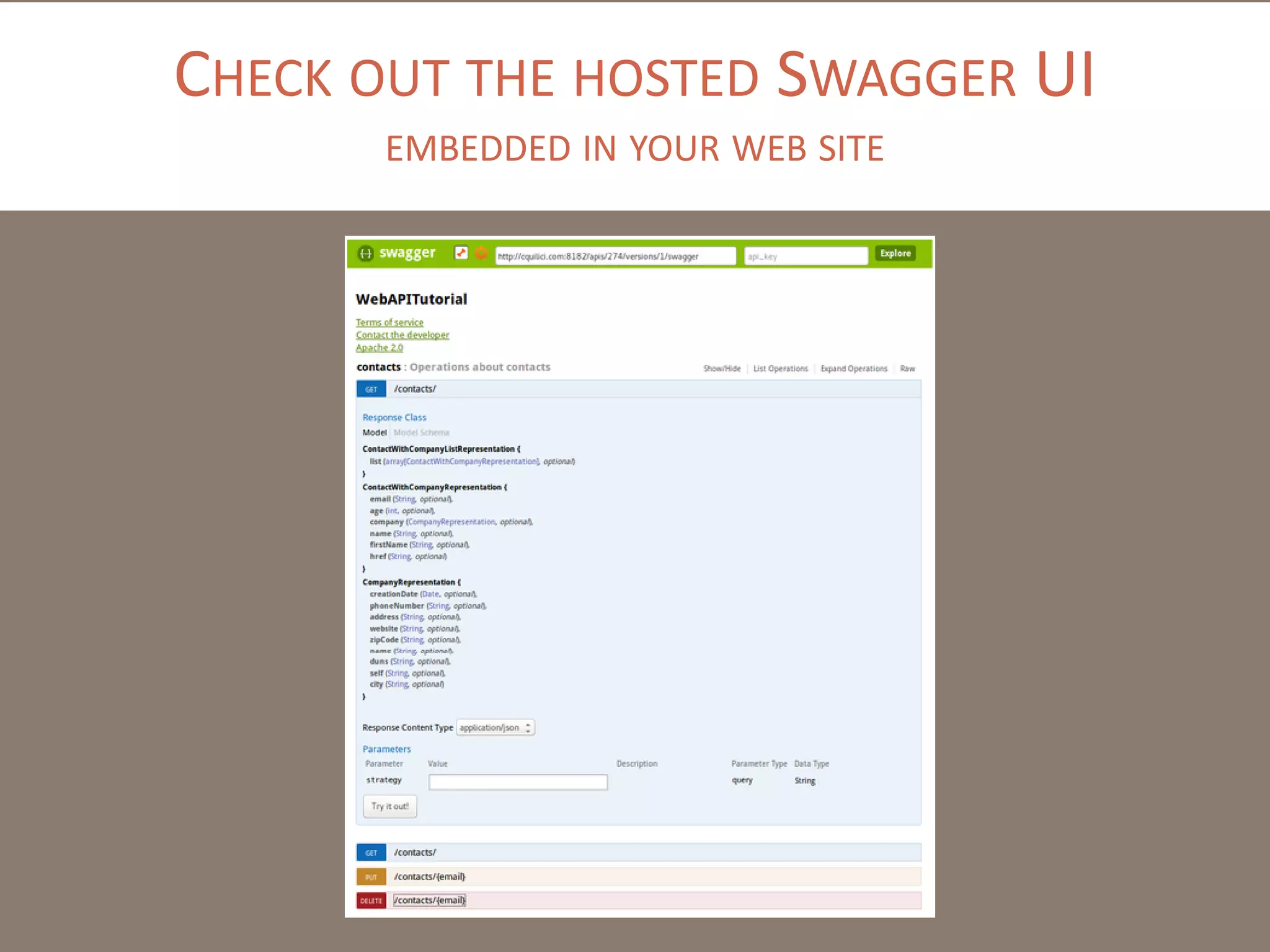 CHECK OUT THE HOSTED SWAGGER UI
EMBEDDED IN YOUR WEB SITE
 