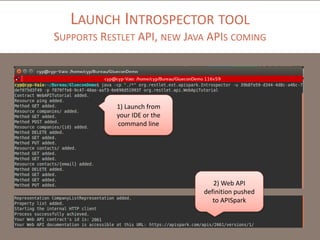LAUNCH INTROSPECTOR TOOL
SUPPORTS RESTLET API, NEW JAVA APIS COMING
1) Launch from
your IDE or the
command line
2) Web API
definition pushed
to APISpark
 