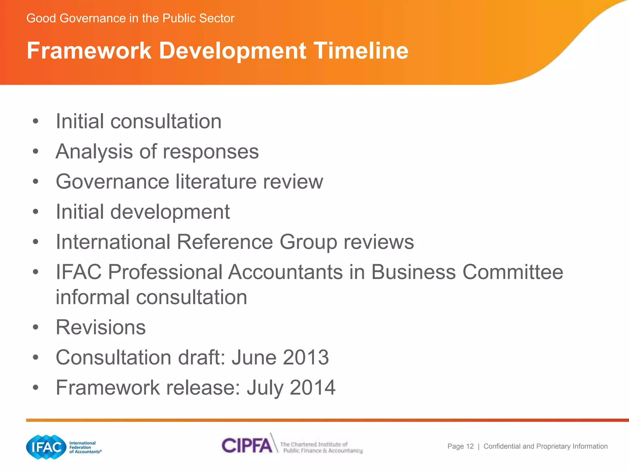 Page 12 | Confidential and Proprietary Information 
Good Governance in the Public Sector 
Framework Development Timeline 
• Initial consultation 
• Analysis of responses 
• Governance literature review 
• Initial development 
• International Reference Group reviews 
• IFAC Professional Accountants in Business Committee 
informal consultation 
• Revisions 
• Consultation draft: June 2013 
• Framework release: July 2014 
 