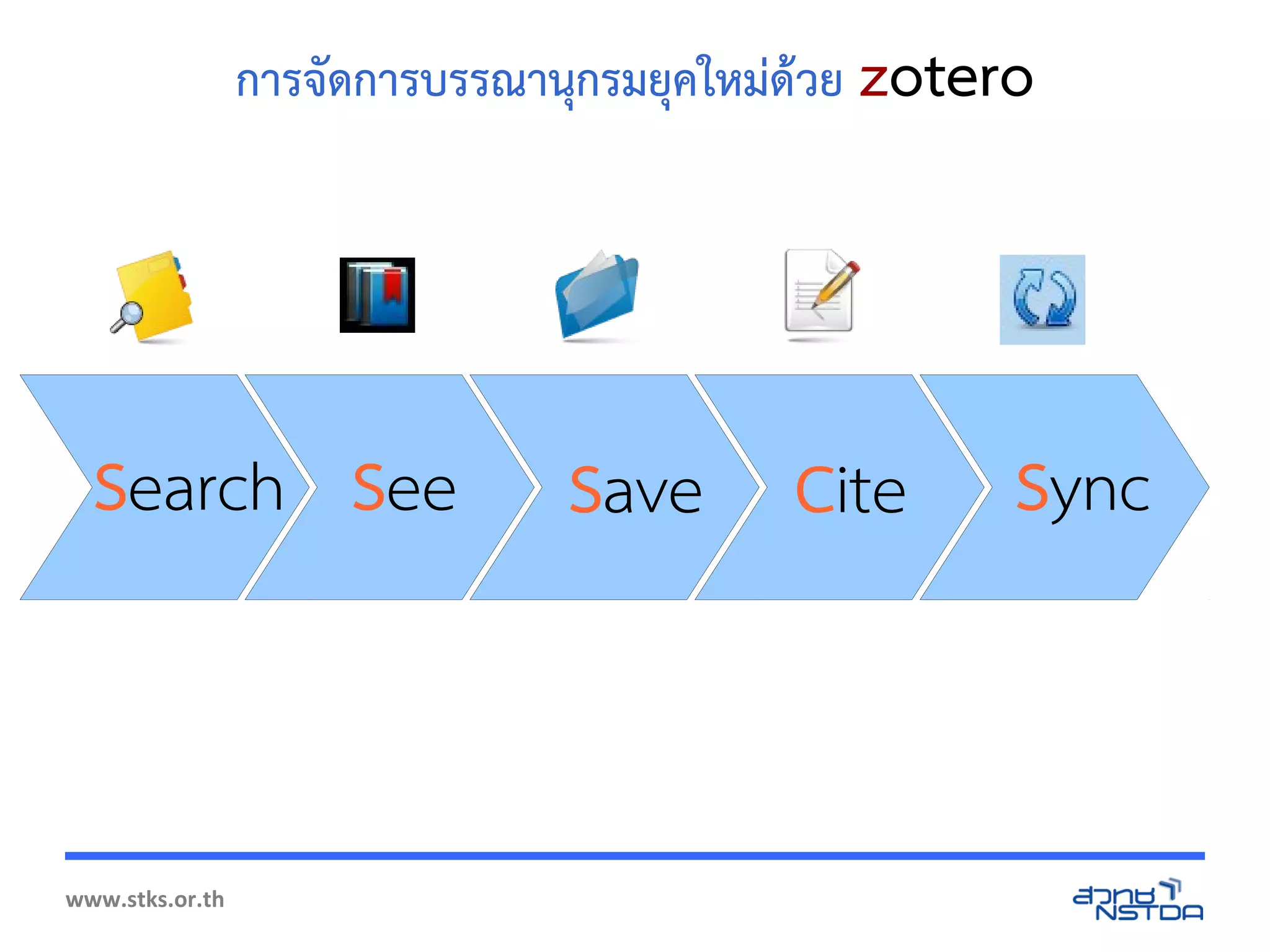 www.stks.or.th
การจัด้การบรรณานุกรมยุคใหม่ด้าวย zotero
CiteSaveSeeSearch Sync
 