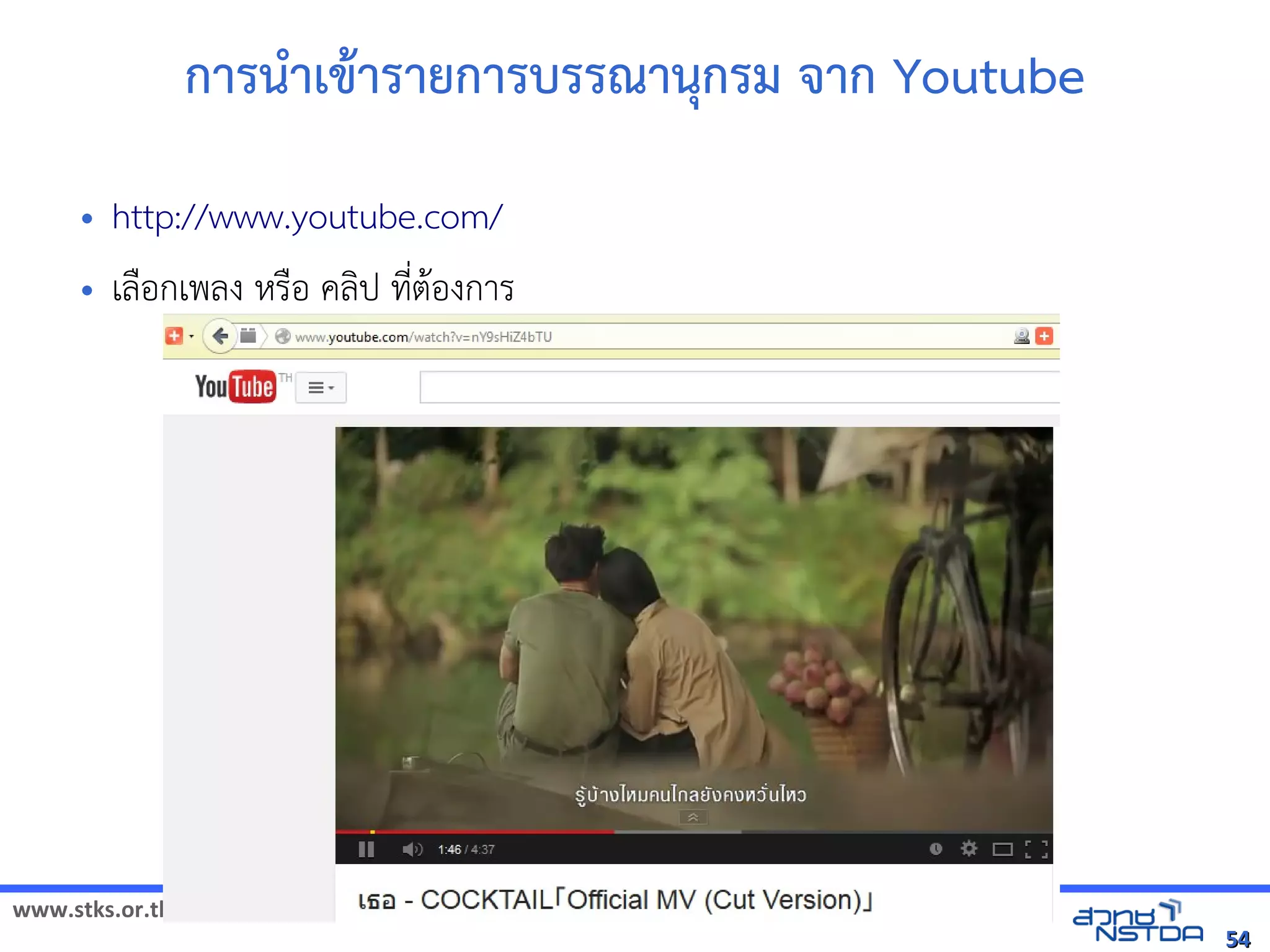 www.stks.or.th
5454
การนำาเขาารายการบรรณานุกรม จาก Youtube
• http://www.youtube.com/
• เลือ้กเพลง หรือ้ คลงป ที่ตาอ้งการ
 