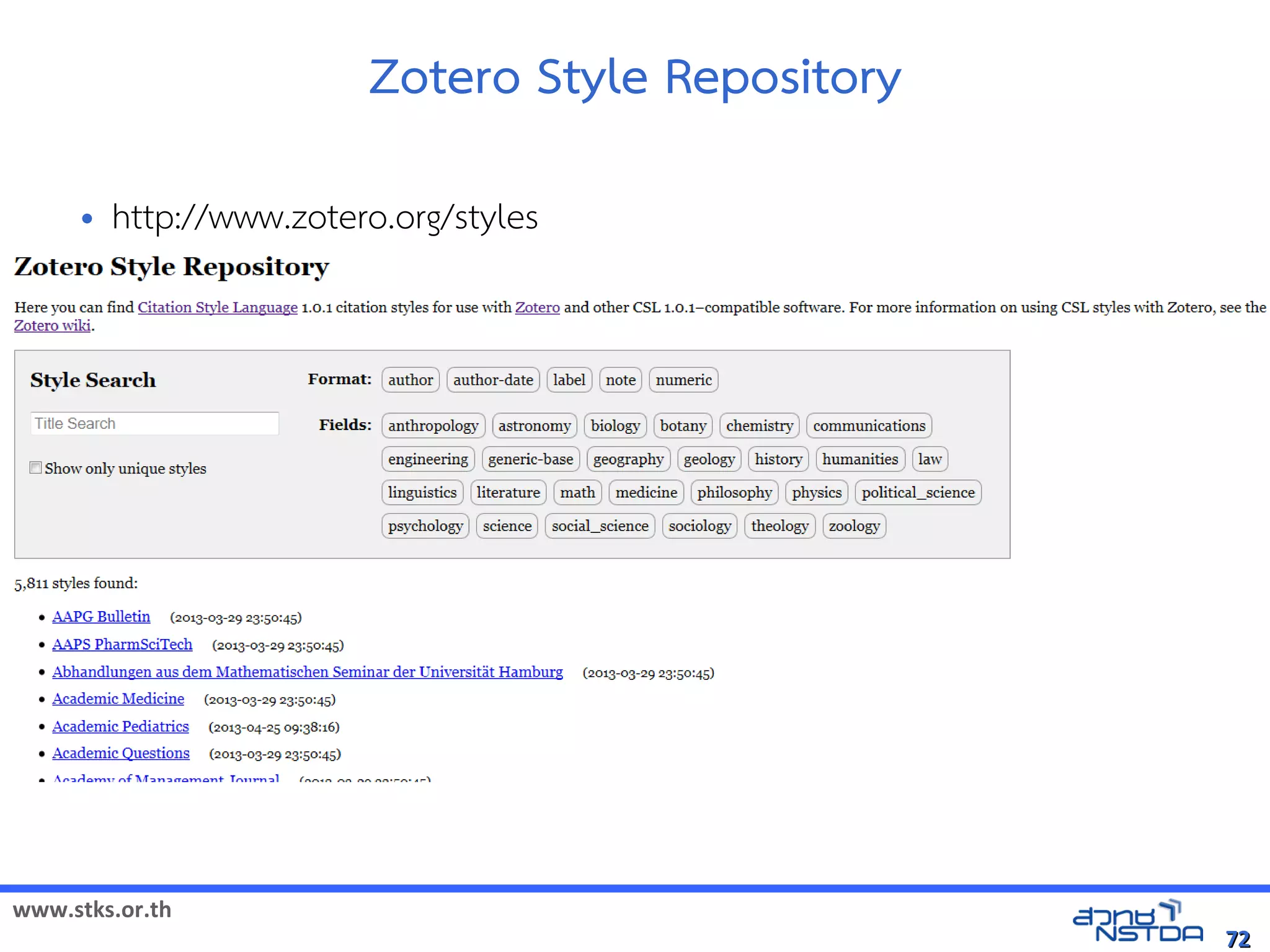 www.stks.or.th
7272
Zotero Style Repository
• http://www.zotero.org/styles
 