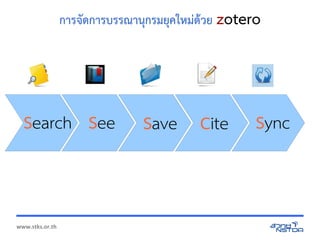 www.stks.or.th
การจัด้การบรรณานุกรมยุคใหม่ด้าวย zotero
CiteSaveSeeSearch Sync
 