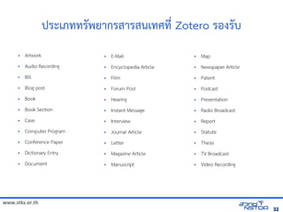 www.stks.or.th
3232
ประเภททรัพยากรสารสนเทศที่ Zotero รอ้งรับ
• Artwork
• Audio Recording
• Bill
• Blog post
• Book
• Book Section
• Case
• Computer Program
• Conference Paper
• Dictionary Entry
• Document
• E-Mail
• Encyclopedia Article
• Flim
• Forum Post
• Hearing
• Instant Message
• Interview
• Journal Article
• Letter
• Magazine Article
• Manuscript
• Map
• Newspaper Article
• Patent
• Podcast
• Presentation
• Radio Broadcast
• Report
• Statute
• Thesis
• TV Broadcast
• Video Recording
 