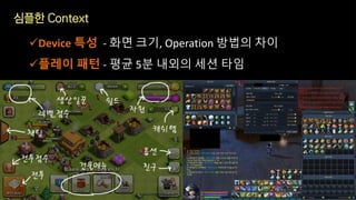 심플한 Context
Device 특성 - 화면 크기, Operation 방법의 차이
플레이 패턴 - 평균 5분 내외의 세션 타임
 