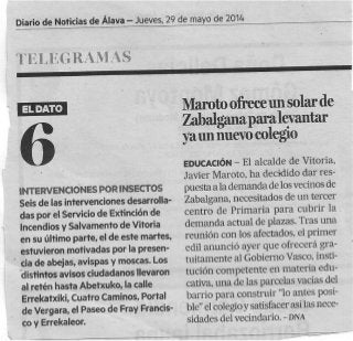 Maroto ofrece un solar de Zabalgana para levantar ya un nuevo colegio. Diario de Noticias 2014/05/29