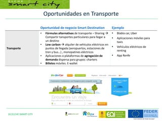 Oportunidades en Transporte
16|ELCHE SMART CITY
Oportunidad de negocio Smart Destination Ejemplo
Transporte
• Fórmulas alternativas de transporte – Sharing 
Compartir tansportes particulares para llegar a
un destino
• Low carbon  alquiler de vehículos eléctricos en
puntos de llegada (aeropuertos, estaciones de
tren y bus…) , monopatines eléctricos
• Aplicaciones o plataformas de agregación de
demanda dispersa para grupos: charters
• Billetes móviles. E-wallet
• Blabla car, Uber
• Aplicaciones móviles para
taxis
• Vehículos eléctricos de
renting
• App Renfe
 