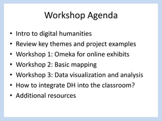 *
Workshop Agenda
• Intro to digital humanities
• Review key themes and project examples
• Workshop 1: Omeka for online exhibits
• Workshop 2: Basic mapping
• Workshop 3: Data visualization and analysis
• How to integrate DH into the classroom?
• Additional resources
 