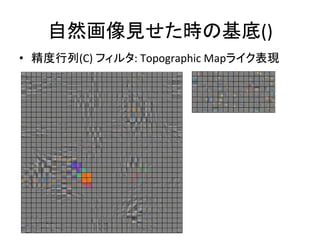 自然画像見せた時の基底()	
•  精度行列(C)	
  フィルタ:	
  Topographic	
  Mapライク表現	
JOURNAL OF PAMI, VOL. ?, NO. ?, JANUARY 20??
More quantitatively, we have compared th
models in terms of their log-probability on
dataset of test image patches using a techn
annealed importance sampling [50]. Tab. 1 s
improvements of mPoT over both GRBM and
ever, the estimated log-probability is lower tha
of Gaussians (MoG) with diagonal covarianc
same number of parameters as the other mod
consistent with previous work by Theis et
interpret this result with caution since the es
GRBM, PoT and mPoT can have a large varianc
noise introduced by the samplers, while the log
of the MoG is calculated exactly. This conjec
ﬁrmed by the results reported in the rightm
showing the exact log-probability ratio betwee
test images and Gaussian noise with the same c
This ratio is indeed larger for mPoT than MoG
inaccuracies in the former estimation. The table
results of mPoT models trained by using c
less accurate approximations to the maximum
Fig. 8. Top: Precision ﬁlters (matrix C) of size 16x1
on color image patches of the same size. Matrix P wa
a local connectivity inducing a two dimensional top
This makes nearby ﬁlters in the map learn similar fe
left: Random subset of mean ﬁlters (matrix W). Bot
top to bottom): independent samples drawn from th
mPoT, GRBM and PoT.
TABLE 1
Log-probability estimates of test natural images x
log-probability ratios between the same test images
images n.
Model log p(x) log p(x)/p(
MoG -85 68
GRBM FPCD -152 -3
 
