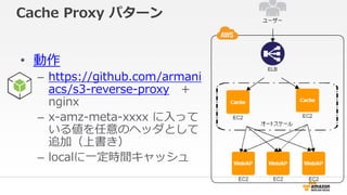 Cache Proxy パターン
• 動作
– https://github.com/armani
acs/s3-reverse-proxy +
nginx
– x-amz-meta-xxxx に入って
いる値を任意のヘッダとして
追加（上書き）
– localに一定時間キャッシュ
 