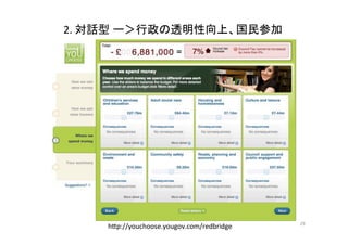 h,p://youchoose.yougov.com/redbridge	
2.	
  対話型 ー＞行政の透明性向上、国民参加	
29	
  
 