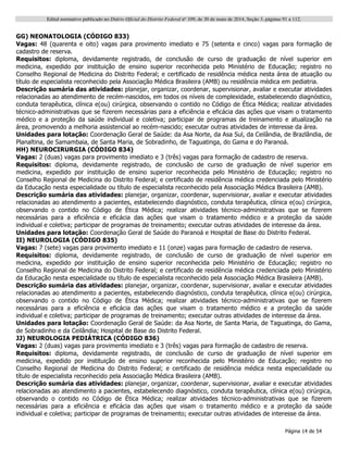 Edital normativo publicado no Diário Oficial do Distrito Federal no
109, de 30 de maio de 2014, Seção 3, páginas 91 a 112.
Página 14 de 54
GG) NEONATOLOGIA (CÓDIGO 833)
Vagas: 48 (quarenta e oito) vagas para provimento imediato e 75 (setenta e cinco) vagas para formação de
cadastro de reserva.
Requisitos: diploma, devidamente registrado, de conclusão de curso de graduação de nível superior em
medicina, expedido por instituição de ensino superior reconhecida pelo Ministério de Educação; registro no
Conselho Regional de Medicina do Distrito Federal; e certificado de residência médica nesta área de atuação ou
título de especialista reconhecido pela Associação Médica Brasileira (AMB) ou residência médica em pediatria.
Descrição sumária das atividades: planejar, organizar, coordenar, supervisionar, avaliar e executar atividades
relacionadas ao atendimento de recém-nascidos, em todos os níveis de complexidade, estabelecendo diagnóstico,
conduta terapêutica, clínica e(ou) cirúrgica, observando o contido no Código de Ética Médica; realizar atividades
técnico-administrativas que se fizerem necessárias para a eficiência e eficácia das ações que visam o tratamento
médico e a proteção da saúde individual e coletiva; participar de programas de treinamento e atualização na
área, promovendo a melhoria assistencial ao recém-nascido; executar outras atividades de interesse da área.
Unidades para lotação: Coordenação Geral de Saúde: da Asa Norte, da Asa Sul, da Ceilândia, de Brazlândia, de
Planaltina, de Samambaia, de Santa Maria, de Sobradinho, de Taguatinga, do Gama e do Paranoá.
HH) NEUROCIRURGIA (CÓDIGO 834)
Vagas: 2 (duas) vagas para provimento imediato e 3 (três) vagas para formação de cadastro de reserva.
Requisitos: diploma, devidamente registrado, de conclusão de curso de graduação de nível superior em
medicina, expedido por instituição de ensino superior reconhecida pelo Ministério de Educação; registro no
Conselho Regional de Medicina do Distrito Federal; e certificado de residência médica credenciada pelo Ministério
da Educação nesta especialidade ou título de especialista reconhecido pela Associação Médica Brasileira (AMB).
Descrição sumária das atividades: planejar, organizar, coordenar, supervisionar, avaliar e executar atividades
relacionadas ao atendimento a pacientes, estabelecendo diagnóstico, conduta terapêutica, clínica e(ou) cirúrgica,
observando o contido no Código de Ética Médica; realizar atividades técnico-administrativas que se fizerem
necessárias para a eficiência e eficácia das ações que visam o tratamento médico e a proteção da saúde
individual e coletiva; participar de programas de treinamento; executar outras atividades de interesse da área.
Unidades para lotação: Coordenação Geral de Saúde do Paranoá e Hospital de Base do Distrito Federal.
II) NEUROLOGIA (CÓDIGO 835)
Vagas: 7 (sete) vagas para provimento imediato e 11 (onze) vagas para formação de cadastro de reserva.
Requisitos: diploma, devidamente registrado, de conclusão de curso de graduação de nível superior em
medicina, expedido por instituição de ensino superior reconhecida pelo Ministério de Educação; registro no
Conselho Regional de Medicina do Distrito Federal; e certificado de residência médica credenciada pelo Ministério
da Educação nesta especialidade ou título de especialista reconhecido pela Associação Médica Brasileira (AMB).
Descrição sumária das atividades: planejar, organizar, coordenar, supervisionar, avaliar e executar atividades
relacionadas ao atendimento a pacientes, estabelecendo diagnóstico, conduta terapêutica, clínica e(ou) cirúrgica,
observando o contido no Código de Ética Médica; realizar atividades técnico-administrativas que se fizerem
necessárias para a eficiência e eficácia das ações que visam o tratamento médico e a proteção da saúde
individual e coletiva; participar de programas de treinamento; executar outras atividades de interesse da área.
Unidades para lotação: Coordenação Geral de Saúde: da Asa Norte, de Santa Maria, de Taguatinga, do Gama,
de Sobradinho e da Ceilândia; Hospital de Base do Distrito Federal.
JJ) NEUROLOGIA PEDIÁTRICA (CÓDIGO 836)
Vagas: 2 (duas) vagas para provimento imediato e 3 (três) vagas para formação de cadastro de reserva.
Requisitos: diploma, devidamente registrado, de conclusão de curso de graduação de nível superior em
medicina, expedido por instituição de ensino superior reconhecida pelo Ministério de Educação; registro no
Conselho Regional de Medicina do Distrito Federal; e certificado de residência médica nesta especialidade ou
título de especialista reconhecido pela Associação Médica Brasileira (AMB).
Descrição sumária das atividades: planejar, organizar, coordenar, supervisionar, avaliar e executar atividades
relacionadas ao atendimento a pacientes, estabelecendo diagnóstico, conduta terapêutica, clínica e(ou) cirúrgica,
observando o contido no Código de Ética Médica; realizar atividades técnico-administrativas que se fizerem
necessárias para a eficiência e eficácia das ações que visam o tratamento médico e a proteção da saúde
individual e coletiva; participar de programas de treinamento; executar outras atividades de interesse da área.
 