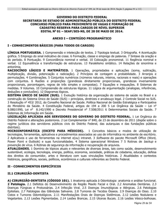 Edital normativo publicado no Diário Oficial do Distrito Federal no
109, de 30 de maio de 2014, Seção 3, páginas 91 a 112.
Página 29 de 54
GOVERNO DO DISTRITO FEDERAL
SECRETARIA DE ESTADO DE ADMINISTRAÇÃO PÚBLICA DO DISTRITO FEDERAL
CONCURSO PÚBLICO PARA PROVIMENTO DE VAGAS E FORMAÇÃO DE
CADASTRO RESERVA PARA CARGOS DE NÍVEL SUPERIOR
EDITAL No
01 – SEAP/SES-NS, DE 28 DE MAIO DE 2014.
ANEXO I – CONTEÚDO PROGRAMÁTICO
I - CONHECIMENTOS BÁSICOS (PARA TODOS OS CARGOS)
LÍNGUA PORTUGUESA. 1 Compreensão e intelecção de textos. 2 Tipologia textual. 3 Ortografia. 4 Acentuação
gráfica. 5 Emprego do sinal indicativo de crase. 6 Formação, classe e emprego de palavras. 7 Sintaxe da oração e
do período. 8 Pontuação. 9 Concordância nominal e verbal. 10 Colocação pronominal. 11 Regência nominal e
verbal. 12 Equivalência e transformação de estruturas. 13 Paralelismo sintático. 14 Relações de sinonímia e
antonímia.
RACIOCÍNIO LÓGICO E MATEMÁTICO. 1 Operações, propriedades e aplicações (soma, subtração,
multiplicação, divisão, potenciação e radiciação). 2 Princípios de contagem e probabilidade. 3 Arranjos e
permutações. 4 Combinações. 5 Conjuntos numéricos (números naturais, inteiros, racionais e reais) e operações
com conjuntos. 6 Razões e proporções (grandezas diretamente proporcionais, grandezas inversamente
proporcionais, porcentagem, regras de três simples e compostas). 7 Equações e inequações. 8 Sistemas de
medidas. 9 Volumes. 10 Compreensão de estruturas lógicas. 11 Lógica de argumentação (analogias, inferências,
deduções e conclusões). 12 Diagramas lógicos.
SISTEMA ÚNICO DE SAÚDE (SUS). 1 Evolução histórica da organização do sistema de saúde no Brasil e a
construção do Sistema Único de Saúde (SUS) – princípios, diretrizes e arcabouço legal. 2 Controle Social no SUS.
3 Resolução no
453/ 2012, do Conselho Nacional de Saúde. Política Nacional de Gestão Estratégica e Participativa
do Ministério da Saúde. 4 Constituição Federal, artigos de 194 a 200 5 Lei Orgânica da Saúde – Lei no
8.080/1990, Lei no
8.142/1990 e Decreto Presidencial no
7.508/2011 6 Determinantes Sociais da Saúde. 7
Sistemas de Informação em Saúde.
LEGISLAÇÃO APLICADA AOS SERVIDORES DO GOVERNO DO DISTRITO FEDERAL. 1 Lei Orgânica do
Distrito Federal e alterações posteriores. 2 Lei Complementar no
840, de 23 de dezembro de 2011 (dispõe sobre o
regime jurídicos dos servidores públicos civis do Distrito Federal, das autarquias e das fundações públicas
distritais).
MICROINFORMÁTICA (EXCETO PARA MÉDICOS). 1 Conceitos básicos e modos de utilização de
tecnologias, ferramentas, aplicativos e procedimentos associados ao uso de informática no ambiente de escritório.
2 Aplicativos e uso de ferramentas na internet e(ou) intranet. 3 Softwares do pacote Microsoft Office (Word,
Power Point e Outlook) e suas funcionalidades. 4 Sistema operacional Windows 7 5 Rotinas de backup e
prevenção de vírus. 6 Rotinas de segurança da informação e recuperação de arquivos.
ATUALIDADES. 1 Domínio de tópicos atuais e relevantes de diversas áreas, tais como saúde, desenvolvimento
sustentável, ecologia, tecnologia, energia, política, economia, sociedade, práticas de cidadania, educação, defesa
dos direitos do consumidor, artes e literatura com suas vinculações históricas. 2 Atualidades e contextos
históricos, geográficos, sociais, políticos, econômicos e culturais referentes ao Distrito Federal.
II - CONHECIMENTOS ESPECÍFICOS
II.1 CIRURGIÃO-DENTISTA
A) CIRURGIÃO-DENTISTA (CÓDIGO 101). 1 Anatomia aplicada à Odontologia: anatomia e análise funcional.
2 Patologia. 2.1 Defeitos do Desenvolvimento da Região Maxilo Facial e Oral. 2.2 Anomalias Dentárias. 2.3
Doenças Fúngicas e Protozoárias. 2.4 Infecção Viral. 2.5 Doenças Imunológicas e Alérgicas. 2.6 Patologias
Epiteliais. 2.7 Patologias das Glândulas Salivares. 2.8 Tumores de Tecidos Ósseos. 2.9 Doenças do Osso. 2.10
Cistos e Tumores Odontológicos. 2.11 Manifestações Orais de Doenças Sistêmicas. 2.12 Lesões Nodulares e
Vegetantes. 2.13 Lesões Pigmentadas. 2.14 Lesões Brancas. 2.15 Úlceras Bucais. 2.16 Lesões Vésico-bolhosas.
 