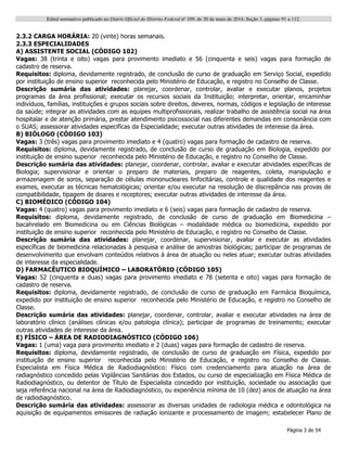Edital normativo publicado no Diário Oficial do Distrito Federal no
109, de 30 de maio de 2014, Seção 3, páginas 91 a 112.
Página 3 de 54
2.3.2 CARGA HORÁRIA: 20 (vinte) horas semanais.
2.3.3 ESPECIALIDADES
A) ASSISTENTE SOCIAL (CÓDIGO 102)
Vagas: 38 (trinta e oito) vagas para provimento imediato e 56 (cinquenta e seis) vagas para formação de
cadastro de reserva.
Requisitos: diploma, devidamente registrado, de conclusão de curso de graduação em Serviço Social, expedido
por instituição de ensino superior reconhecida pelo Ministério de Educação, e registro no Conselho de Classe.
Descrição sumária das atividades: planejar, coordenar, controlar, avaliar e executar planos, projetos
programas da área profissional; executar os recursos sociais da Instituição; interpretar, orientar, encaminhar
indivíduos, famílias, instituições e grupos sociais sobre direitos, deveres, normas, códigos e legislação de interesse
da saúde; integrar as atividades com as equipes multiprofissionais, realizar trabalho de assistência social na área
hospitalar e de atenção primária, prestar atendimento psicossocial nas diferentes demandas em consonância com
o SUAS; assessorar atividades especifícas da Especialidade; executar outras atividades de interesse da área.
B) BIÓLOGO (CÓDIGO 103)
Vagas: 3 (três) vagas para provimento imediato e 4 (quatro) vagas para formação de cadastro de reserva.
Requisitos: diploma, devidamente registrado, de conclusão de curso de graduação em Biologia, expedido por
instituição de ensino superior reconhecida pelo Ministério de Educação, e registro no Conselho de Classe.
Descrição sumária das atividades: planejar, coordenar, controlar, avaliar e executar atividades específicas de
Biologia; supervisionar e orientar o preparo de materiais, preparo de reagentes, coleta, manipulação e
armazenagem de soros, separação de células mononucleares linfocitárias, controle e qualidade dos reagentes e
exames, executar as técnicas hematológicas; orientar e/ou executar na resolução de discrepância nas provas de
compatibilidade, tipagem de doares e receptores; executar outras atividades de interesse da área.
C) BIOMÉDICO (CÓDIGO 104)
Vagas: 4 (quatro) vagas para provimento imediato e 6 (seis) vagas para formação de cadastro de reserva.
Requisitos: diploma, devidamente registrado, de conclusão de curso de graduação em Biomedicina –
bacahrelado em Biomedicina ou em Ciências Biológicas – modalidade médica ou biomedicina, expedido por
instituição de ensino superior reconhecida pelo Ministério de Educação, e registro no Conselho de Classe.
Descrição sumária das atividades: planejar, coordenar, supervisionar, avaliar e executar as atividades
específicas de biomedicina relacionadas à pesquisa e análise de amostras biológicas; participar de programas de
desenvolvimento que envolvam conteúdos relativos à área de atuação ou neles atuar; executar outras atividades
de interesse da especialidade.
D) FARMACÊUTICO BIOQUÍMICO – LABORATÓRIO (CÓDIGO 105)
Vagas: 52 (cinquenta e duas) vagas para provimento imediato e 78 (setenta e oito) vagas para formação de
cadastro de reserva.
Requisitos: diploma, devidamente registrado, de conclusão de curso de graduação em Farmácia Bioquímica,
expedido por instituição de ensino superior reconhecida pelo Ministério de Educação, e registro no Conselho de
Classe.
Descrição sumária das atividades: planejar, coordenar, controlar, avaliar e executar atividades na área de
laboratório clínico (análises clínicas e/ou patologia clínica); participar de programas de treinamento; executar
outras atividades de interesse da área.
E) FÍSICO – ÁREA DE RADIODIAGNÓSTICO (CÓDIGO 106)
Vagas: 1 (uma) vaga para provimento imediato e 2 (duas) vagas para formação de cadastro de reserva.
Requisitos: diploma, devidamente registrado, de conclusão de curso de graduação em Física, expedido por
instituição de ensino superior reconhecida pelo Ministério de Educação, e registro no Conselho de Classe.
Especialista em Física Médica de Radiodiagnóstico: Físico com credenciamento para atuação na área de
radiagnóstico concedido pelas Vigilâncias Sanitárias dos Estados, ou curso de especialização em Física Médica de
Radiodiagnóstico, ou detentor de Título de Especialista concedido por instituição, sociedade ou associação que
seja referência nacional na área de Radiodiagnóstico, ou experiência mínima de 10 (dez) anos de atuação na área
de radiodiagnóstico.
Descrição sumária das atividades: assessorar as diversas unidades de radiologia médica e odontológica na
aquisição de equipamentos emissores de radiação ionizante e processamento de imagem; estabelecer Plano de
 