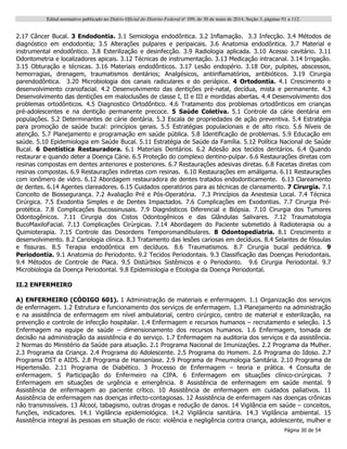 Edital normativo publicado no Diário Oficial do Distrito Federal no
109, de 30 de maio de 2014, Seção 3, páginas 91 a 112.
Página 30 de 54
2.17 Câncer Bucal. 3 Endodontia. 3.1 Semiologia endodôntica. 3.2 Inflamação. 3.3 Infecção. 3.4 Métodos de
diagnóstico em endodontia; 3.5 Alterações pulpares e peripaicais. 3.6 Anatomia endodôntica. 3.7 Material e
instrumental endodôntico. 3.8 Esterilização e desinfecção. 3.9 Radiologia aplicada. 3.10 Acesso cavitário. 3.11
Odontometria e localizadores apicais. 3.12 Técnicas de instrumentação. 3.13 Medicação intracanal. 3.14 Irrigação.
3.15 Obturação e técnicas. 3.16 Materiais endodônticos. 3.17 Lesão endopério. 3.18 Dor, pulpites, abscessos,
hemorragias, drenagem, traumatismos dentários; Analgésicos, antiinflamatórios, antibióticos. 3.19 Cirurgia
parendodôntica. 3.20 Microbiologia dos canais radiculares e do periápice. 4 Ortodontia. 4.1 Crescimento e
desenvolvimento craniofacial. 4.2 Desenvolvimento das dentições pré-natal, decídua, mista e permanente. 4.3
Desenvolvimento das dentições em maloclusões de classe I, II e III e mordidas abertas. 4.4 Desenvolvimento dos
problemas ortodônticos. 4.5 Diagnostico Ortodôntico. 4.6 Tratamento dos problemas ortodônticos em crianças
pré-adolescentes e na dentição permanente precoce. 5 Saúde Coletiva. 5.1 Controle da cárie dentária em
populações. 5.2 Determinantes de cárie dentária. 5.3 Escala de propriedades de ação preventiva. 5.4 Estratégia
para promoção de saúde bucal: princípios gerais. 5.5 Estratégias populacionais e de alto risco. 5.6 Níveis de
atenção. 5.7 Planejamento e programação em saúde pública. 5.8 Identificação de problemas. 5.9 Educação em
saúde. 5.10 Epidemiologia em Saúde Bucal. 5.11 Estratégia de Saúde da Família. 5.12 Política Nacional de Saúde
Bucal. 6 Dentística Restauradora. 6.1 Materiais Dentários. 6.2 Adesão aos tecidos dentários. 6.4 Quando
restaurar e quando deter a Doença Cárie. 6.5 Proteção do complexo dentino-pulpar. 6.6 Restaurações diretas com
resinas compostas em dentes anteriores e posteriores. 6.7 Restaurações adesivas diretas. 6.8 Facetas diretas com
resinas compostas. 6.9 Restaurações indiretas com resinas. 6.10 Restaurações em amálgama. 6.11 Restaurações
com ionômero de vidro. 6.12 Abordagem restauradora de dentes tratados endodonticamente. 6.13 Clareamento
de dentes. 6.14 Agentes clareadores. 6.15 Cuidados operatórios para as técnicas de clareamento. 7 Cirurgia. 7.1
Conceito de Biossegurança. 7.2 Avaliação Pré e Pós-Operatória. 7.3 Princípios da Anestesia Local. 7.4 Técnica
Cirúrgica. 7.5 Exodontia Simples e de Dentes Impactados. 7.6 Complicações em Exodontias. 7.7 Cirurgia Pré-
protética. 7.8 Complicações Bucossinusais. 7.9 Diagnósticos Diferencial e Biópsia. 7.10 Cirurgia dos Tumores
Odontogênicos. 7.11 Cirurgia dos Cistos Odontogênicos e das Glândulas Salivares. 7.12 Traumatologia
BucoMaxiloFacial. 7.13 Complicações Cirúrgicas. 7.14 Abordagem do Paciente submetido à Radioterapia ou a
Quimioterapia. 7.15 Controle das Desordens Temporomandibulares. 8 Odontopediatria. 8.1 Crescimento e
desenvolvimento. 8.2 Cariologia clínica. 8.3 Tratamento das lesões cariosas em decíduos. 8.4 Selantes de fóssulas
e fissuras. 8.5 Terapia endodôntica em decíduos. 8.6 Traumatismos. 8.7 Cirurgia bucal pediátrica. 9
Periodontia. 9.1 Anatomia do Periodonto. 9.2 Tecidos Periodontais. 9.3 Classificação das Doenças Periodontais.
9.4 Métodos de Controle de Placa. 9.5 Distúrbios Sistêmicos e o Periodonto. 9.6 Cirurgia Periodontal. 9.7
Microbiologia da Doença Periodontal. 9.8 Epidemiologia e Etiologia da Doença Periodontal.
II.2 ENFERMEIRO
A) ENFERMEIRO (CÓDIGO 601). 1 Administração de materiais e enfermagem. 1.1 Organização dos serviços
de enfermagem. 1.2 Estrutura e funcionamento dos serviços de enfermagem. 1.3 Planejamento na administração
e na assistência de enfermagem em nível ambulatorial, centro cirúrgico, centro de material e esterilização, na
prevenção e controle de infecção hospitalar. 1.4 Enfermagem e recursos humanos – recrutamento e seleção. 1.5
Enfermagem na equipe de saúde – dimensionamento dos recursos humanos. 1.6 Enfermagem, tomada de
decisão na administração da assistência e do serviço. 1.7 Enfermagem na auditoria dos serviços e da assistência.
2 Normas do Ministério da Saúde para atuação. 2.1 Programa Nacional de Imunizações. 2.2 Programa da Mulher.
2.3 Programa da Criança. 2.4 Programa do Adolescente. 2.5 Programa do Homem. 2.6 Programa do Idoso. 2.7
Programa DST e AIDS. 2.8 Programa de Hanseníase. 2.9 Programa de Pneumologia Sanitária. 2.10 Programa de
Hipertensão. 2.11 Programa de Diabético. 3 Processo de Enfermagem – teoria e prática. 4 Consulta de
enfermagem. 5 Participação do Enfermeiro na CIPA. 6 Enfermagem em situações clínico-cirúrgicas. 7
Enfermagem em situações de urgência e emergência. 8 Assistência de enfermagem em saúde mental. 9
Assistência de enfermagem ao paciente crítico. 10 Assistência de enfermagem em cuidados paliativos. 11
Assistência de enfermagem nas doenças infecto-contagiosas. 12 Assistência de enfermagem nas doenças crônicas
não transmissíveis. 13 Álcool, tabagismo, outras drogas e redução de danos. 14 Vigilância em saúde – conceitos,
funções, indicadores. 14.1 Vigilância epidemiológica. 14.2 Vigilância sanitária. 14.3 Vigilância ambiental. 15
Assistência integral às pessoas em situação de risco: violência e negligência contra criança, adolescente, mulher e
 