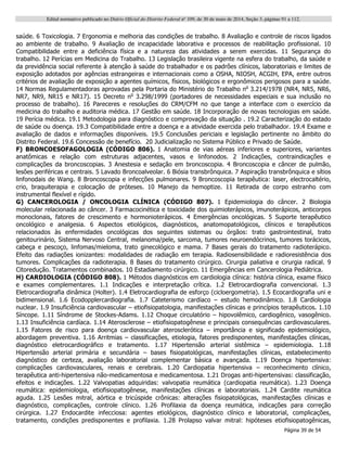 Edital normativo publicado no Diário Oficial do Distrito Federal no
109, de 30 de maio de 2014, Seção 3, páginas 91 a 112.
Página 39 de 54
saúde. 6 Toxicologia. 7 Ergonomia e melhoria das condições de trabalho. 8 Avaliação e controle de riscos ligados
ao ambiente de trabalho. 9 Avaliação de incapacidade laborativa e processos de reabilitação profissional. 10
Compatibilidade entre a deficiência física e a natureza das atividades a serem exercidas. 11 Segurança do
trabalho. 12 Perícias em Medicina do Trabalho. 13 Legislação brasileira vigente na esfera do trabalho, da saúde e
da previdência social referente à atenção à saúde do trabalhador e os padrões clínicos, laboratoriais e limites de
exposição adotados por agências estrangeiras e internacionais como a OSHA, NIOSH, ACGIH, EPA, entre outros
critérios de avaliação de exposição a agentes químicos, físicos, biológicos e ergonômicos perigosos para a saúde.
14 Normas Regulamentadoras aprovadas pela Portaria do Ministério do Trabalho no
3.214/1978 (NR4, NR5, NR6,
NR7, NR9, NR15 e NR17). 15 Decreto no
3.298/1999 (portadores de necessidades especiais e sua inclusão no
processo de trabalho). 16 Pareceres e resoluções do CRM/CFM no que tange a interface com o exercício da
medicina do trabalho e auditoria médica. 17 Gestão em saúde. 18 Incorporação de novas tecnologias em saúde.
19 Perícia médica. 19.1 Metodologia para diagnóstico e comprovação da situação . 19.2 Caracterização do estado
de saúde ou doença. 19.3 Compatibilidade entre a doença e a atividade exercida pelo trabalhador. 19.4 Exame e
avaliação de dados e informações disponíveis. 19.5 Conclusões periciais e legislação pertinente no âmbito do
Distrito Federal. 19.6 Concessão de benefício. 20 Judicialização no Sistema Público e Privado de Saúde.
F) BRONCOESOFAGOLOGIA (CÓDIGO 806). 1 Anatomia de vias aéreas inferiores e superiores, variantes
anatômicas e relação com estruturas adjacentes, vasos e linfonodos. 2 Indicações, contraindicações e
complicações da broncoscopias. 3 Anestesia e sedação em broncoscopia. 4 Broncoscopia e câncer de pulmão,
lesões periféricas e centrais. 5 Lavado Broncoalveolar. 6 Biósia transbrônquica. 7 Aspiração transbrônquica e sítios
linfonodais de Wang. 8 Broncoscopia e infecções pulmonares. 9 Broncoscopia terapêutica: laser, electrocaltério,
crio, braquiterapia e colocação de próteses. 10 Manejo da hemoptize. 11 Retirada de corpo estranho com
instrumental flexível e rígido.
G) CANCEROLOGIA / ONCOLOGIA CLÍNICA (CÓDIGO 807). 1 Epidemiologia do câncer. 2 Biologia
molecular relacionada ao câncer. 3 Farmacocinética e toxicidade dos quimioterápicos, imunoterápicos, anticorpos
monoclonais, fatores de crescimento e hormonioterápicos. 4 Emergências oncológicas. 5 Suporte terapêutico
oncológico e analgesia. 6 Aspectos etiológicos, diagnósticos, anatomopatológicos, clínicos e terapêuticos
relacionados às enfermidades oncológicas dos seguintes sistemas ou órgãos: trato gastrointestinal, trato
genitourinário, Sistema Nervoso Central, melanoma/pele, sarcoma, tumores neuroendócrinos, tumores torácicos,
cabeça e pescoço, linfomas/mieloma, trato ginecológico e mama. 7 Bases gerais do tratamento radioterápico.
Efeito das radiações ionizantes: modalidades de radiação em terapia. Radiosensibilidade e radioresistência dos
tumores. Complicações da radioterapia. 8 Bases do tratamento cirúrgico. Cirurgia paliativa e cirurgia radical. 9
Citoredução. Tratamentos combinados. 10 Estadiamento cirúrgico. 11 Emergências em Cancerologia Pediátrica.
H) CARDIOLOGIA (CÓDIGO 808). 1 Métodos diagnósticos em cardiologia clínica: história clínica, exame físico
e exames complementares. 1.1 Indicações e interpretação crítica. 1.2 Eletrocardiografia convencional. 1.3
Eletrocardiografia dinâmica (Holter). 1.4 Eletrocardiografia de esforço (cicloergometria). 1.5 Ecocardiografia uni e
bidimensional. 1.6 Ecodopplercardiografia. 1.7 Cateterismo cardíaco – estudo hemodinâmico. 1.8 Cardiologia
nuclear. 1.9 Insuficiência cardiovascular – etiofisiopatologia, manifestações clínicas e princípios terapêuticos. 1.10
Síncope. 1.11 Síndrome de Stockes-Adams. 1.12 Choque circulatório – hipovolêmico, cardiogênico, vasogênico.
1.13 Insuficiência cardíaca. 1.14 Aterosclerose – etiofisiopatogênese e principais consequências cardiovasculares.
1.15 Fatores de risco para doença cardiovascular aterosclerótica – importância e significado epidemiológico,
abordagem preventiva. 1.16 Arritmias – classificações, etiologia, fatores predisponentes, manifestações clínicas,
diagnóstico eletrocardiográfico e tratamento. 1.17 Hipertensão arterial sistêmica – epidemiologia. 1.18
Hipertensão arterial primária e secundária – bases fisiopatológicas, manifestações clínicas, estabelecimento
diagnóstico de certeza, avaliação laboratorial complementar básica e avançada. 1.19 Doença hipertensiva:
complicações cardiovasculares, renais e cerebrais. 1.20 Cardiopatia hipertensiva – reconhecimento clínico,
terapêutica anti-hipertensiva não-medicamentosa e medicamentosa. 1.21 Drogas anti-hipertensivas: classificação,
efeitos e indicações. 1.22 Valvopatias adquiridas: valvopatia reumática (cardiopatia reumática). 1.23 Doença
reumática: epidemiologia, etiofisiopatogênese, manifestações clínicas e laboratoriais. 1.24 Cardite reumática
aguda. 1.25 Lesões mitral, aórtica e tricúspide crônicas: alterações fisiopatológicas, manifestações clínicas e
diagnóstico, complicações, controle clínico. 1.26 Profilaxia da doença reumática, indicações para correção
cirúrgica. 1.27 Endocardite infecciosa: agentes etiológicos, diagnóstico clínico e laboratorial, complicações,
tratamento, condições predisponentes e profilaxia. 1.28 Prolapso valvar mitral: hipóteses etiofisiopatogênicas,
 