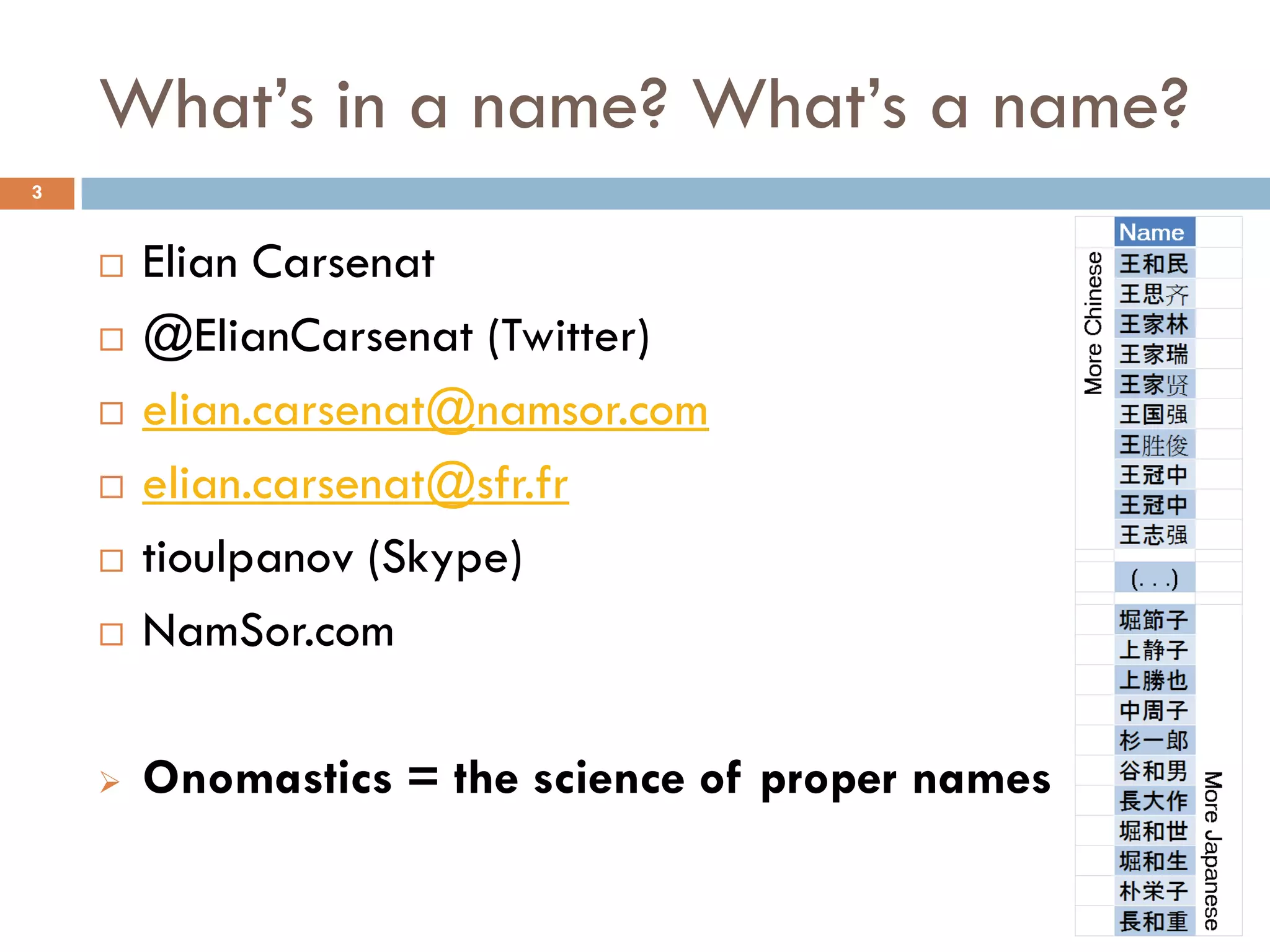 What’s in a name? What’s a name?
3
 Elian Carsenat
 @ElianCarsenat (Twitter)
 elian.carsenat@namsor.com
 elian.carsenat@sfr.fr
 tioulpanov (Skype)
 NamSor.com
 Onomastics = the science of proper names
 