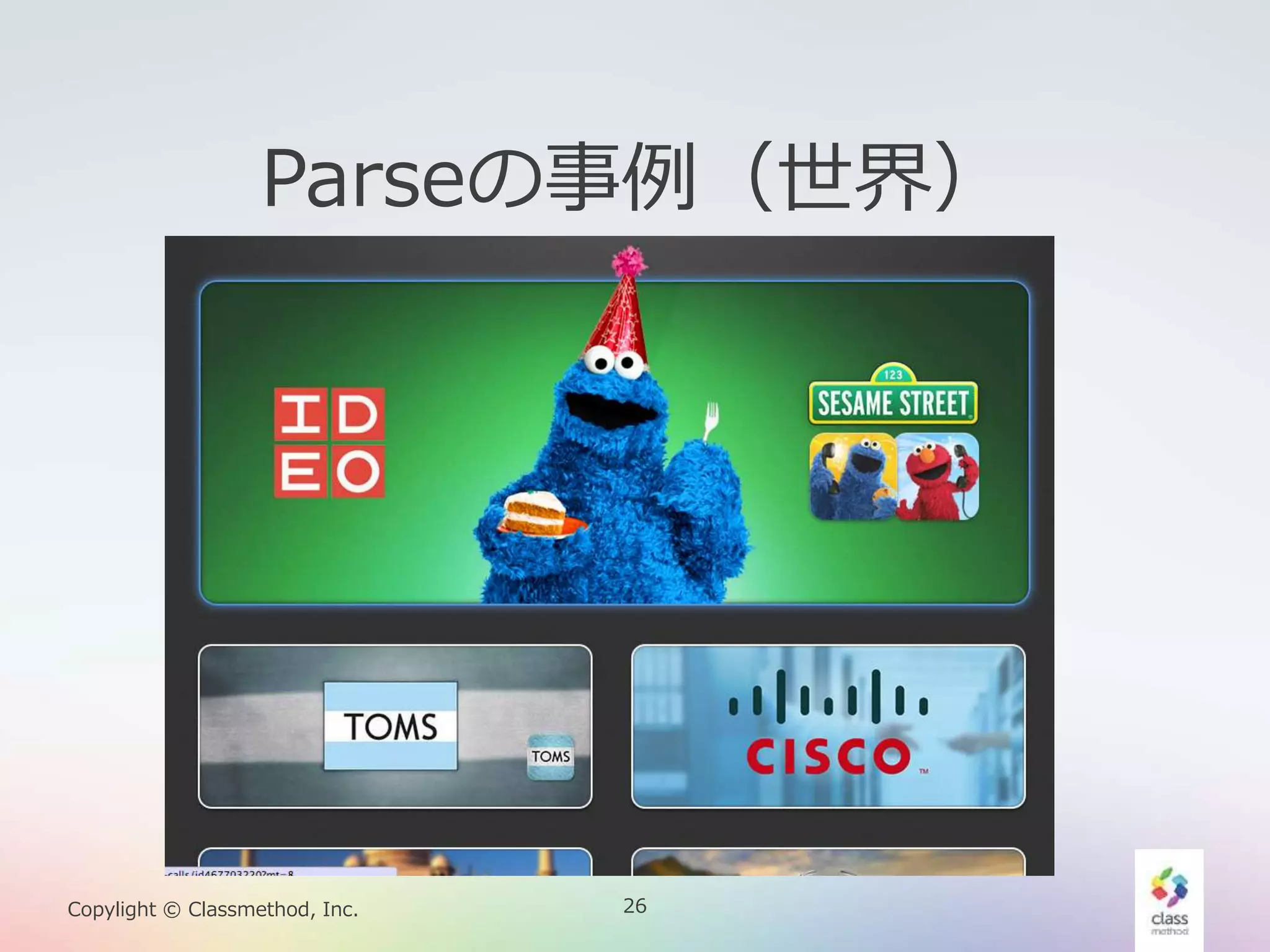 26Copylight © Classmethod, Inc.
Parseの事例（世界）
 