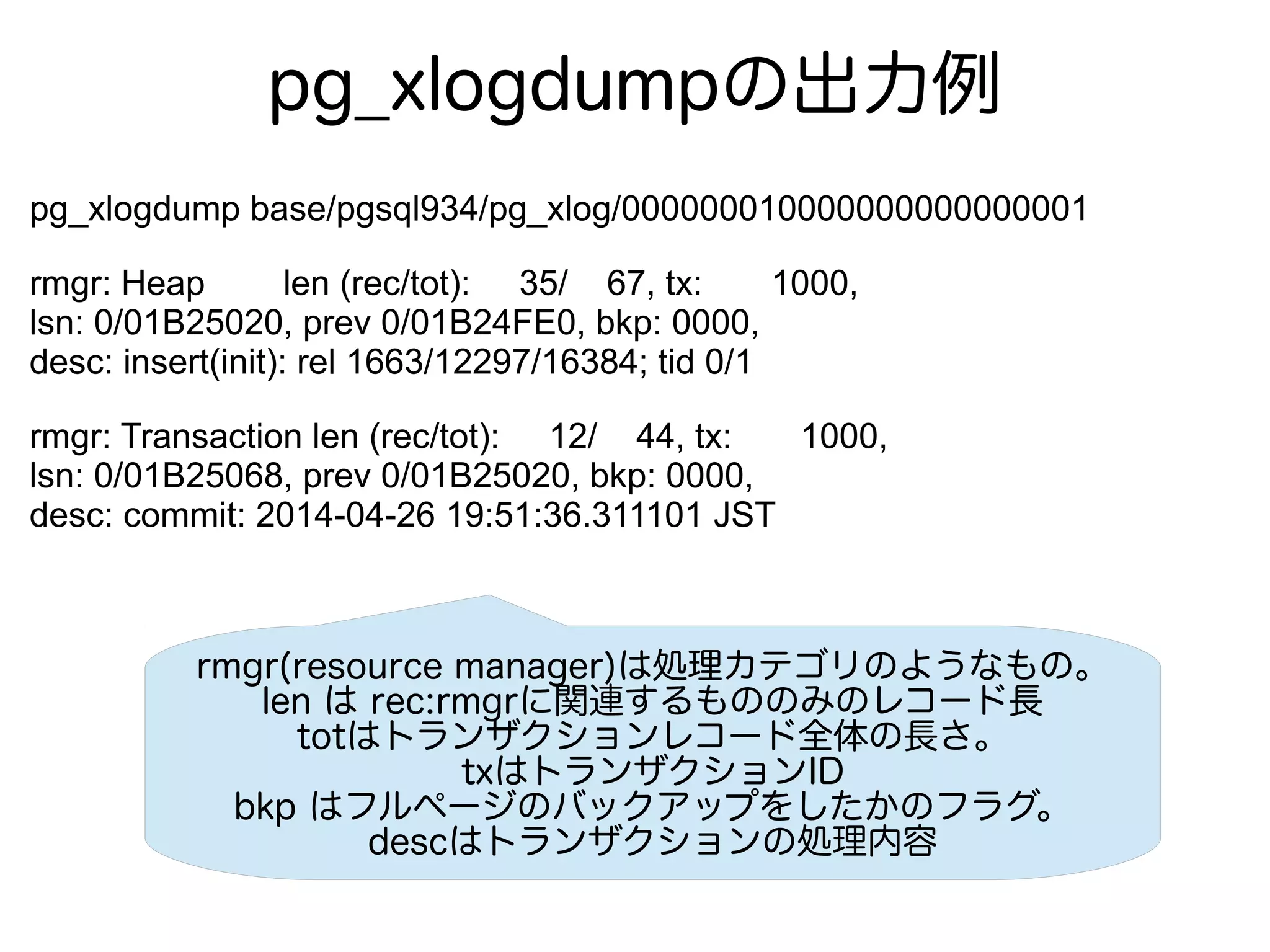 pg_xlogdumpの出力例
pg_xlogdump base/pgsql934/pg_xlog/000000010000000000000001
rmgr: Heap len (rec/tot): 35/ 67, tx: 1000,
lsn: 0/01B25020, prev 0/01B24FE0, bkp: 0000,
desc: insert(init): rel 1663/12297/16384; tid 0/1
rmgr: Transaction len (rec/tot): 12/ 44, tx: 1000,
lsn: 0/01B25068, prev 0/01B25020, bkp: 0000,
desc: commit: 2014-04-26 19:51:36.311101 JST
rmgr(resource manager)は処理カテゴリのようなもの。
len は rec:rmgrに関連するもののみのレコード長
totはトランザクションレコード全体の長さ。
txはトランザクションID
bkp はフルページのバックアップをしたかのフラグ。
descはトランザクションの処理内容
 