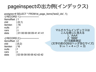 pageinspectの出力例(インデックス)
postgres=# SELECT * FROM bt_page_items('test2_idx', 1);
-[ RECORD 1 ]-----------------------
Itemoffset | 1
ctid | (0,1)
itemlen | 16
nulls | f
vars | t
data | 01 00 00 00 09 41 41 41
-[ RECORD 2 ]-----------------------
itemoffset | 2
ctid | (0,2)
itemlen | 16
nulls | f
vars | t
data | 02 00 00 00 09 42 42 42
マルチカラムインデックスは
こんな感じに見える
1, 'AAA'
2, 'BBB'
の16進数表記
(文字の前の09はヘッダ含むサイズ)
9 >> 1 = 4 = (1 + 3)
 