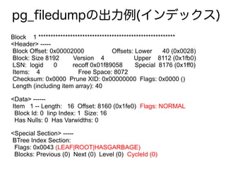 pg_filedumpの出力例(インデックス)
Block 1 ********************************************************
<Header> -----
Block Offset: 0x00002000 Offsets: Lower 40 (0x0028)
Block: Size 8192 Version 4 Upper 8112 (0x1fb0)
LSN: logid 0 recoff 0x01f89058 Special 8176 (0x1ff0)
Items: 4 Free Space: 8072
Checksum: 0x0000 Prune XID: 0x00000000 Flags: 0x0000 ()
Length (including item array): 40
<Data> ------
Item 1 -- Length: 16 Offset: 8160 (0x1fe0) Flags: NORMAL
Block Id: 0 linp Index: 1 Size: 16
Has Nulls: 0 Has Varwidths: 0
<Special Section> -----
BTree Index Section:
Flags: 0x0043 (LEAF|ROOT|HASGARBAGE)
Blocks: Previous (0) Next (0) Level (0) CycleId (0)
 