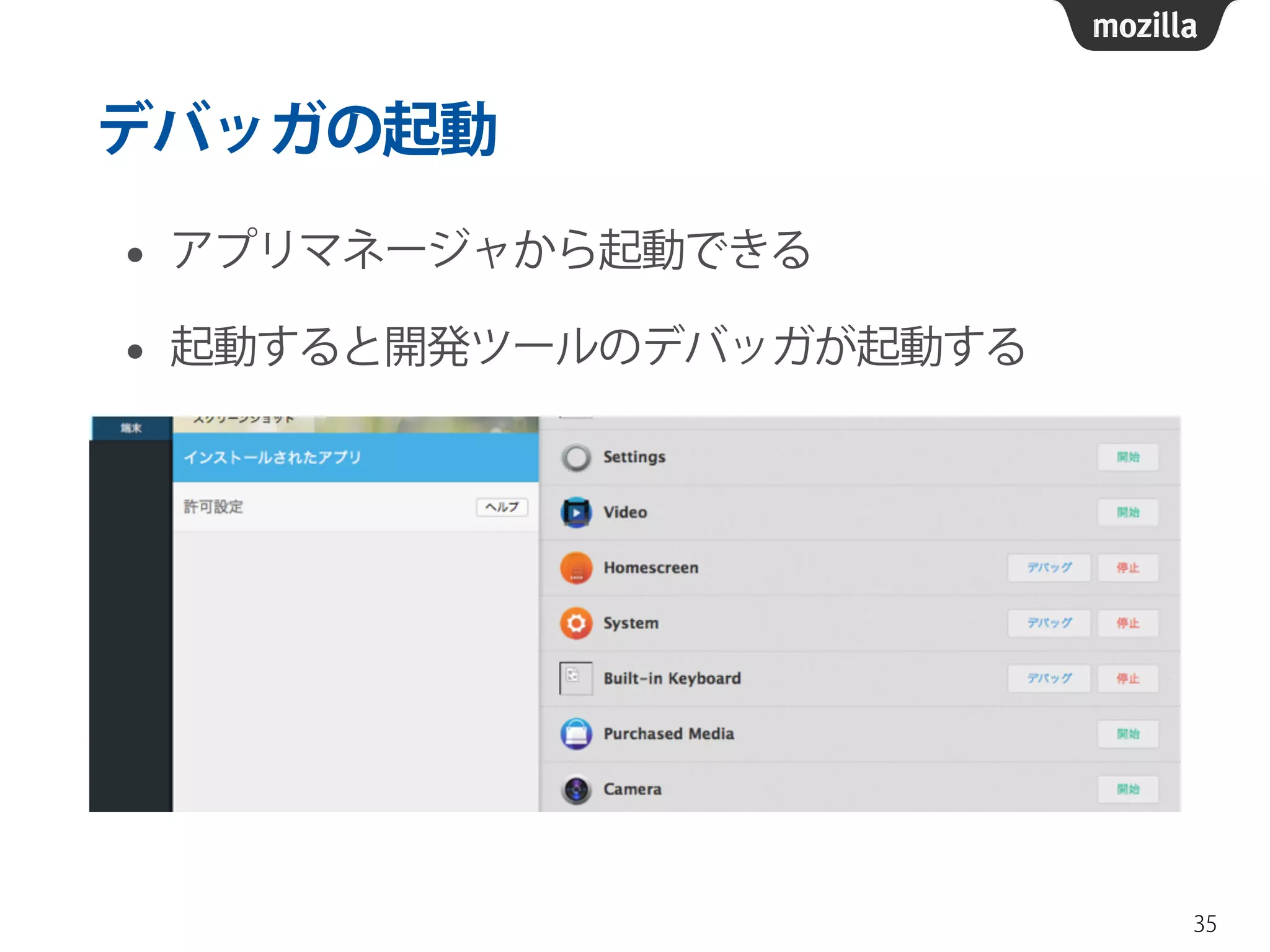 デバッガの起動
• アプリマネージャから起動できる
• 起動すると開発ツールのデバッガが起動する
35
 