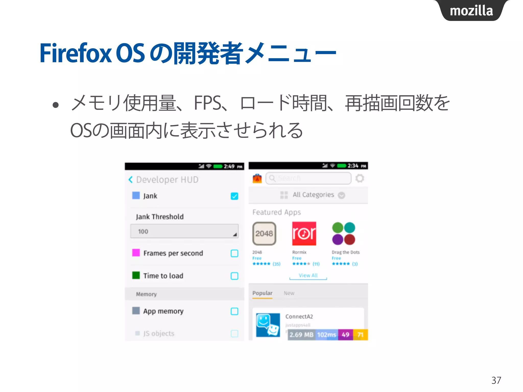 FirefoxOSの開発者メニュー
• メモリ使用量、FPS、ロード時間、再描画回数を 
OSの画面内に表示させられる
37
 