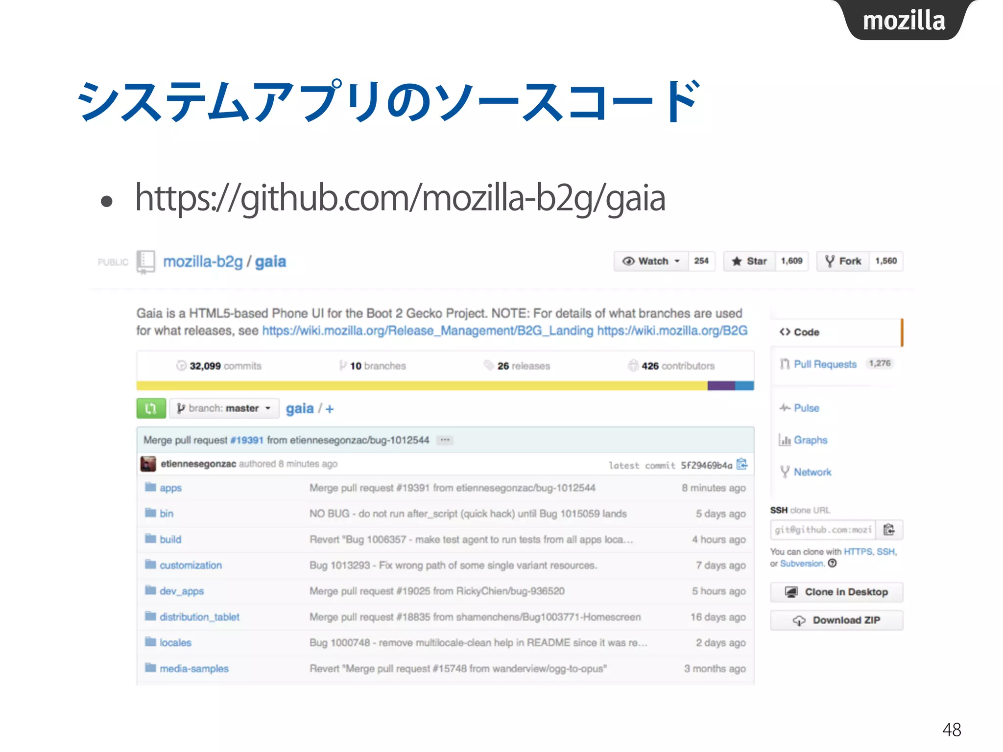 システムアプリのソースコード
• https://github.com/mozilla-b2g/gaia
48
 
