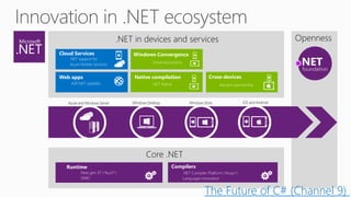 Core .NET
Next gen JIT (“RyuJIT”)
SIMD
Runtime Compilers
.NET Compiler Platform (“Roslyn”)
Languages innovation
Windows DesktopAzure and Windows Server
Universal projects
.NET NativeASP.NET updates
Windows Convergence
Native compilation Cross-devices
Xamarin partnership
Web apps
.NET support for
Azure Mobile Services
Cloud Services
Openness
Windows Store iOS and Android
.NET in devices and services
The Future of C# (Channel 9)
 
