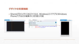 デザイナの支援機能
▪ Sharedプロジェクトにあるファイルは、WindowsストアアプリとWindows
Phoneアプリなのか編集中に切り替え可能
 
