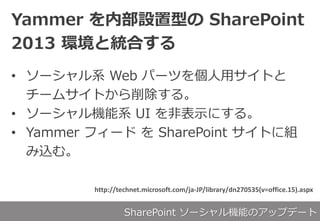Yammer ڲOͤ SharePoint
2013 hȽyϤ
? `ϵ Web ѩ`ĤåȤ
`ॵȤ롣
? `Cϵ UI Ǳʾˤ롣
? Yammer ե`  SharePoint Ȥ˽M
zࡣ
http://technet.microsoft.com/ja-JP/library/dn270535(v=office.15).aspx
SharePoint `ܤΥåץǩ`
 