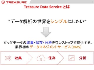 9	
  
Treasure	
  Data	
  Service	
  とは	
ビッグデータの収集・保存・分析をワンストップで提供する、	
  
業界初のデータマネジメントサービス（DMS）	
  
“データ解析の世界をシンプルにしたい”	
  
収集 保存 分析
 