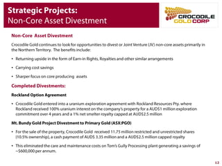 12
Strategic Projects:
Non-Core Asset Divestment
Non-Core Asset Divestment
Crocodile Gold continues to look for opportunities to divest or Joint Venture (JV) non-core assets
primarily in the Northern Territory. The benefits include:
• Returning upside in the form of Earn-in Rights, Royalties and other similar arrangements
• Carrying cost savings
• Sharper focus on core producing assets
Completed Divestments:
Rockland Option Agreement
• Crocodile Gold entered into a uranium exploration agreement with Rockland Resources Pty. where
Rockland received 100% uranium interest on the company’s property for a AUD$1 million
exploration commitment over 4 years and a 1% net smelter royalty capped at AUD$2.5 million
Mt. Bundy Gold Project Divestment to Primary Gold (ASX:PGO)
• For the sale of the property, Crocodile Gold received 11.75 million restricted and unrestricted shares
(10.5% ownership), a cash payment of AUD$ 3.35 million and a AUD$2.5 million capped royalty
• This eliminated the care and maintenance costs on Tom’s Gully Processing plant generating a
savings of ~$600,000 per annum.
 
