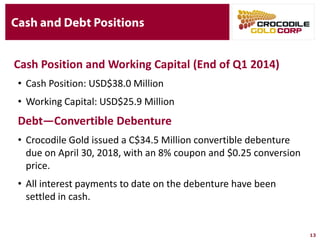 13
Cash and Debt Positions
Cash Position and Working Capital (End of Q1 2014)
• Cash Position: USD$38.0 Million
• Working Capital: USD$25.9 Million
Debt—Convertible Debenture
• Crocodile Gold issued a C$34.5 Million convertible debenture
due on April 30, 2018, with an 8% coupon and $0.25 conversion
price.
• All interest payments to date on the debenture have been
settled in cash.
 