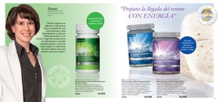 


22 23
 Multivitamins & Minerals essentials
Multivitaminas y Minerales Esenciales para
Hombre y Mujer
Combinación equilibrada de 12 vitaminas y
10 minerales especialmente formulada para la
ingesta diaria de hombres y mujeres a partir de
14 años. Dosis recomendada: 1-2 comprimidos
diarios con la comida. 60 uds.
27039 14,95€
23
 Multivitamin & Mineral woman
Multivitaminas y Minerales para Mujer
El complejo Multivitamínico y Mineral para la
Mujer es una equilibrada combinación de 12
vitaminas y 10 minerales que proporcionan
vitalidad y salud. Contiene también una cantidad
adicional de Ácido Fólico, Hierro y Calcio para
adecuarse a las necesidades especíﬁcas de la
mujer. Contenido para 60 días. Tomar 1 tableta al
día con la comida.
22794 16,95€
 Multivitamin & Mineral man
Multivitaminas y Minerales para Hombre
El complejo Multivitamínico y Mineral para el
hombre contiene una equilibrada proporción de
12 vitaminas y 10 minerales, formulada para
cubrir las necesidades diarias y especíﬁcas del
hombre. Contiene una cantidad adicional de
Selenio y Magnesio para reforzar tu rendimiento
y salud. Contenido para 60 días. Tomar una
tableta al día con la comida.
22795 16,95€
“Prepara la llegada del verano
CON ENERGÍA”
Elisabet
NORDSTRÖM, PhD,
NutricionistaWellness,
Suecia
555555555
2009–
2
0 1 4
años
555555años
555años
555W E L
L
NESS
Fórmulas
especíﬁcas de
vitaminas y
minerales para
hombre y mujer
Sencilla fórmula
unisex para
hombre y mujer”Nuestro organismo es
diferente y cada persona
tiene la necesidad de unos
micro-nutrientes u otros
dependiendo de su edad, sus
hábitos alimenticios o si es
hombre o mujer.Pero,nuestra gama
de multivitaminas y minerales
esenciales,gracias a su fórmula
unisex,asegura un suplemento
alimenticio óptimo tanto para
hombres como para mujeres.”
 