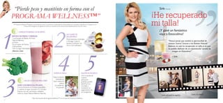 6 7
221
3
44 55
“Pierde peso y manténte en forma con el
El ProgramaWellness™asegura una pérdida de peso y su posterior mantenimiento. Desarrollado por el profesor Stig Steen y su equipo en el
Centro de Investigación de Igelosa en Suecia, su eﬁcacia ha sido clínicamente testada durante más de 3 años.
COMIENZA TU MAÑANA CON UN BATIDO
BATIDO DE FRESAY CEREALES
1 cucharada de Batido de Fresa
Natural Balance
6 Fresas
50 ml copos de Avena
4 Almendras
150 ml yogur desnatado
¡Mezclar y listo!
¡NO OLVIDES TU
WELLNESSPACK!
Multivitaminas, minerales
y Omega 3 que te
ayudan a prevenir los
virus y los resfriados.
UNA DELICIOSA SOPA PARA COMER
SOPA CON BRÓCOLI PICADO
Corta el brócoli en trocitos pequeños
y cuécelo al vapor durante 4-5 minutos.
Sazona con sal y pimienta y añádelo
sobre tu Sopa Natural Balance favorita.
REGISTRA TUS PROGRESOS
Con la ayuda de
nuestra
aplicación
gratuita, podrás
planiﬁcar tus
comidas y
mantener un
seguimiento de
tus progresos.
SirleCliente
¡He recuperado
mi talla!
¡Y gané un fantástico
viaje a Estocolmo!
“Nunca pensé que tendría la oportundiad de
conocer Suecia! Gracias a los Batidos Natural
Balance, no solo he recuperado mi talla, si no que
he podido disfrutar de un espectacular cambio de
imagen en Estocolmo!”
– Sirle
Antes
DISFRUTA EN FAMILIA
Toda mi familia
intentamos
hacer deporte
juntos.
¡Lo pasamos
en grande!
Sesión profesional de maquillaje ¡Sonríe a la cámara!
PROGRAMA WELLNESS™”
Más información del ProgramaWellness™ en la Guía de ProductosWellness
 