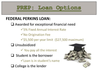 FEDERAL PERKINS LOAN:
 Awarded for exceptional financial need
5% Fixed Annual Interest Rate
No Origination Fee
$5,500 per year limit ($27,500 maximum)
 Unsubsidized
 You pay all the interest
 Student is the borrower
Loan is in student’s name
 College is the lender
 