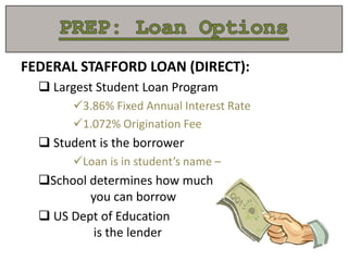 FEDERAL STAFFORD LOAN (DIRECT):
 Largest Student Loan Program
3.86% Fixed Annual Interest Rate
1.072% Origination Fee
 Student is the borrower
Loan is in student’s name –
School determines how much
you can borrow
 US Dept of Education
is the lender
 