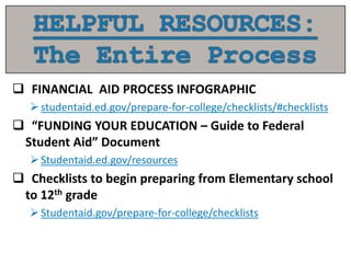  FINANCIAL AID PROCESS INFOGRAPHIC
studentaid.ed.gov/prepare-for-college/checklists/#checklists
 “FUNDING YOUR EDUCATION – Guide to Federal
Student Aid” Document
Studentaid.ed.gov/resources
 Checklists to begin preparing from Elementary school
to 12th grade
Studentaid.gov/prepare-for-college/checklists
 