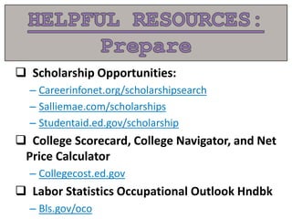  Scholarship Opportunities:
– Careerinfonet.org/scholarshipsearch
– Salliemae.com/scholarships
– Studentaid.ed.gov/scholarship
 College Scorecard, College Navigator, and Net
Price Calculator
– Collegecost.ed.gov
 Labor Statistics Occupational Outlook Hndbk
– Bls.gov/oco
 