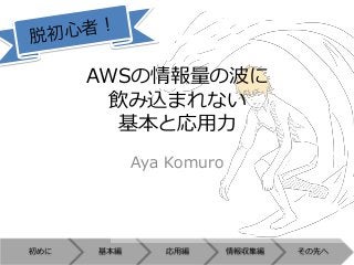初めに 基本編 応⽤用編 情報収集編 その先へ
AWSの情報量量の波に
飲み込まれない
基本と応⽤用⼒力力
Aya  Komuro
脱初心者！
 