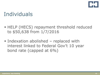12experience. new thinking
Individuals
 HELP (HECS) repayment threshold reduced
to $50,638 from 1/7/2016
 Indexation abolished – replaced with
interest linked to Federal Gov‟t 10 year
bond rate (capped at 6%)
 