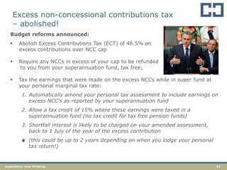 31experience. new thinking
Excess non-concessional contributions tax
– abolished!
Budget reforms announced:
 Abolish Excess Contributions Tax (ECT) of 46.5% on
excess contributions over NCC cap
 Require any NCCs in excess of your cap to be refunded
to you from your superannuation fund, tax free;
 Tax the earnings that were made on the excess NCCs while in super fund at
your personal marginal tax rate:
1. Automatically amend your personal tax assessment to include earnings on
excess NCC’s as reported by your superannuation fund
2. Allow a tax credit of 15% where these earnings were taxed in a
superannuation fund (no tax credit for tax free pension funds)
3. Shortfall interest is likely to be charged on your amended assessment,
back to 1 July of the year of the excess contribution
 (this could be up to 2 years depending on when you lodge your personal
tax return!)
 