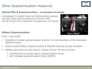 32experience. new thinking
Other Superannuation measures
Retired MPs & Superannuation – no pension increases
A proposed 12 month freeze on Parliamentary salaries
will also mean that the pensions of former MPs
will be frozen from indexation increases for 12 months.
Military Superannuation
From 1 July 2016:
 Establish a funded superannuation scheme for new members of the Australian
Defence Forces
 Close current Military Superannuation & Benefits Scheme to new members
 Military personnel will also have a “choice of fund” for the first time
 contributions to private sector superannuation funds;
 self managed superannuation funds (SMSFs)
 