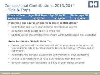 39experience. new thinking
Financial Year Age 60 & Over Age 50 to 59 Under age 50
2013/2014 $35,000 $25,000 $25,000
More than one source of income & super contributions?
 Contribution cap is are your personal limit from all sources
 Deductible limits do not apply to employers
 Up to taxpayer (not employer) to ensure Contribution Cap is not exceeded
Rules for Excess Contributions Tax
 Excess concessional contributions included in your personal tax return at
your marginal rate of personal income tax (less credit for 15% tax paid in
super fund)
 Automatic ATO personal assessment (amendment of your tax return)
 Choice to pay personally or have 85% released from the fund
 Beware! Assessment backdated to 1 July of year excess occurred
Concessional Contributions 2013/2014
– Tips & Traps
 