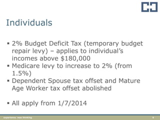 9experience. new thinking
Individuals
 2% Budget Deficit Tax (temporary budget
repair levy) – applies to individual‟s
incomes above $180,000
 Medicare levy to increase to 2% (from
1.5%)
 Dependent Spouse tax offset and Mature
Age Worker tax offset abolished
 All apply from 1/7/2014
 